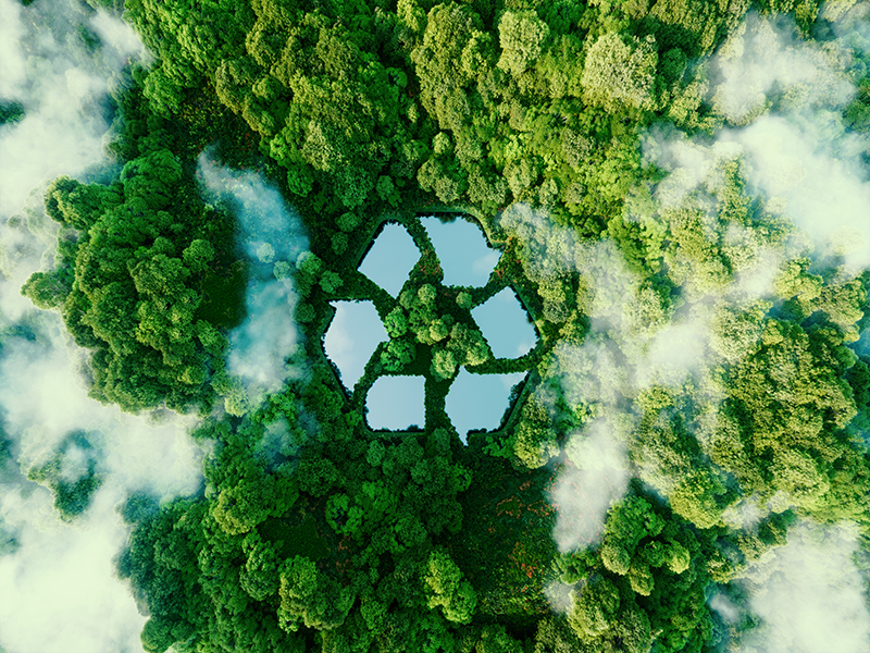 A bird's eye view of the recycling symbol in the forest