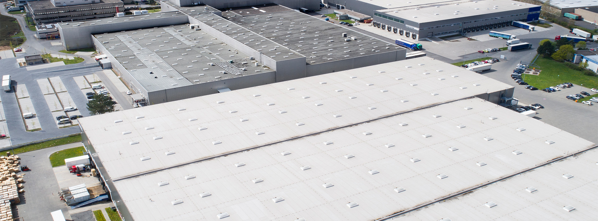 Flat roofs of industrial buildings from a bird's eye view